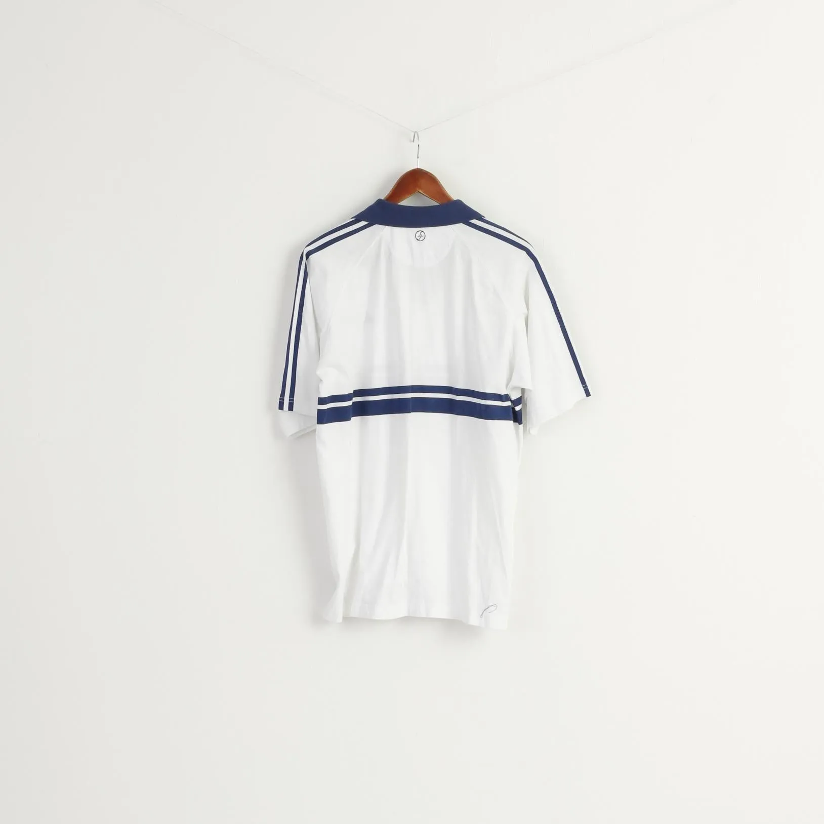 Adidas Men L Polo Shirt White Navy Collar Cotton Vintage Sportswear Sport Top