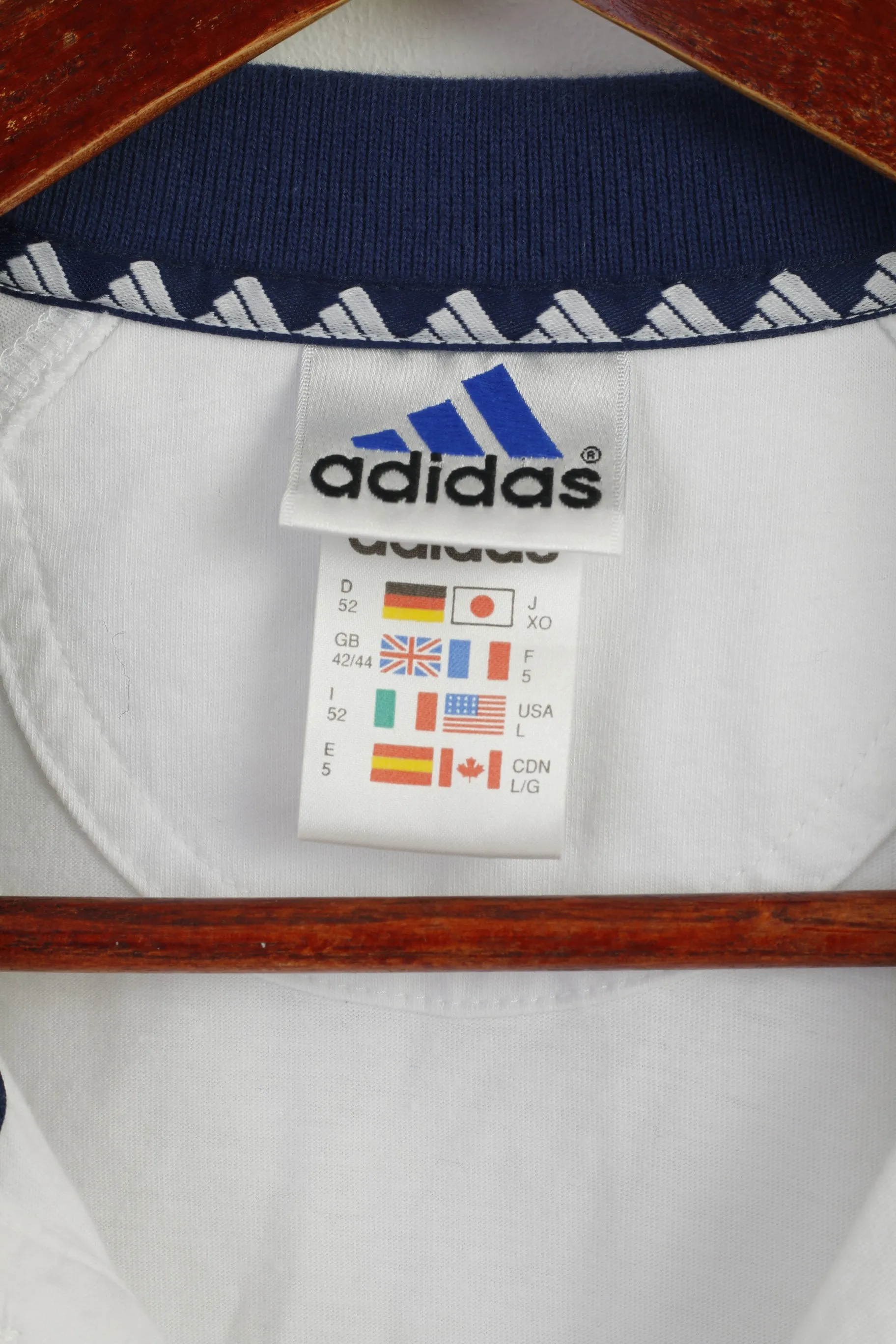 Adidas Men L Polo Shirt White Navy Collar Cotton Vintage Sportswear Sport Top