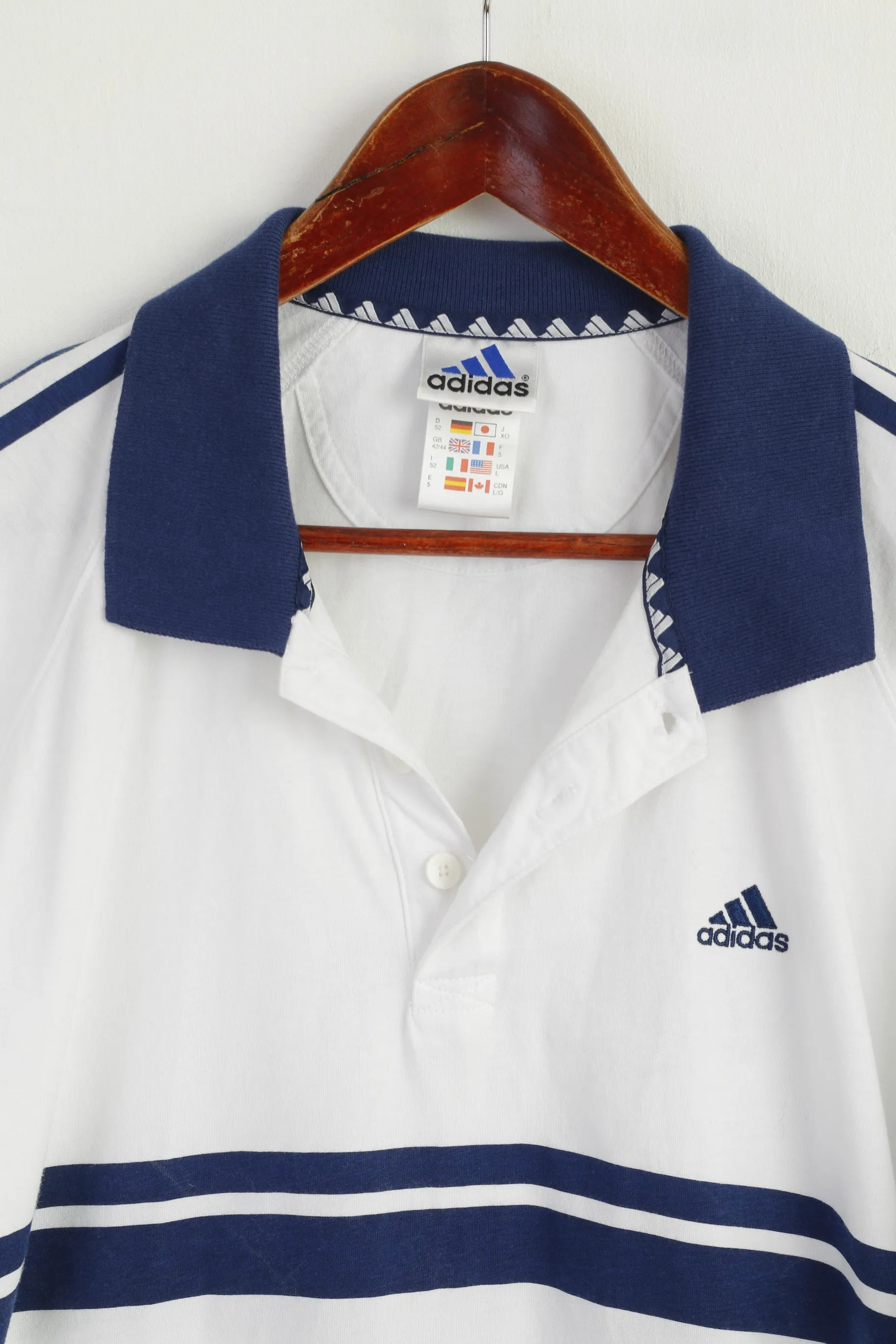 Adidas Men L Polo Shirt White Navy Collar Cotton Vintage Sportswear Sport Top