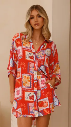 Aria Button Up Shirt and Short Set - Travel Tales Red Billy J