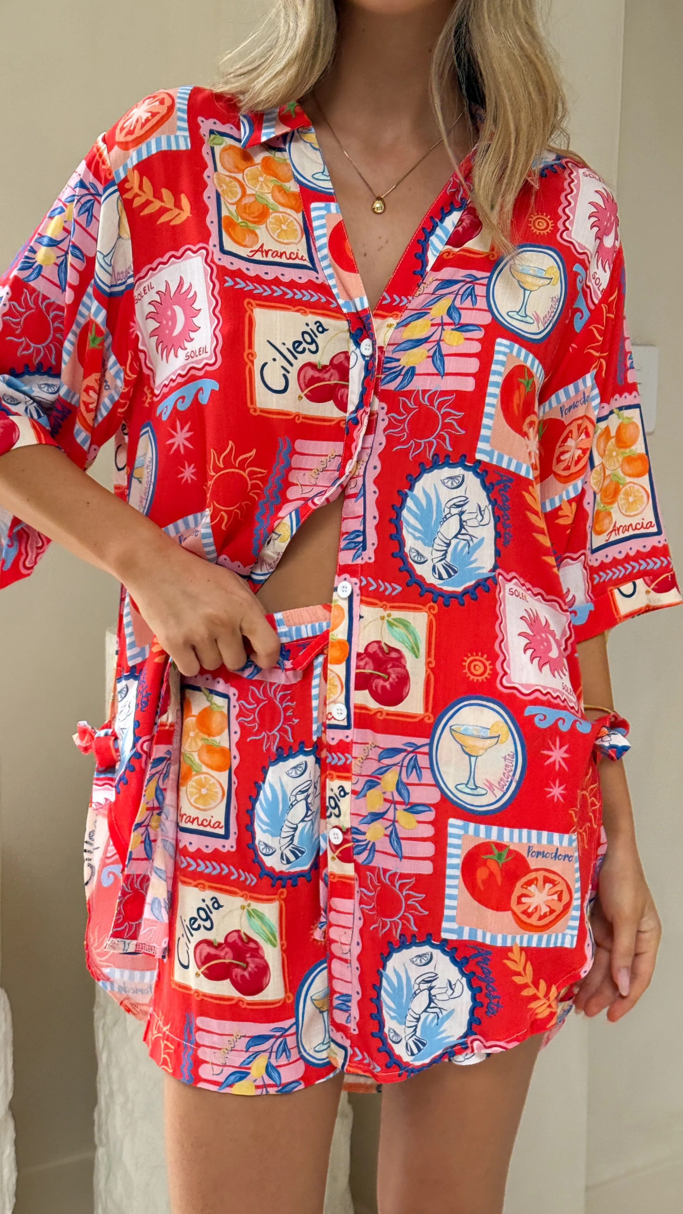 Aria Button Up Shirt and Short Set - Travel Tales Red Billy J