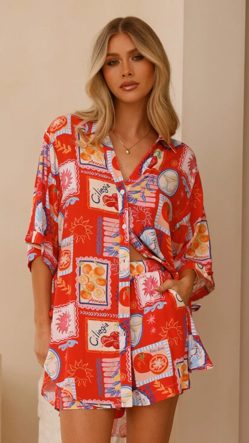 Aria Button Up Shirt and Short Set - Travel Tales Red Billy J