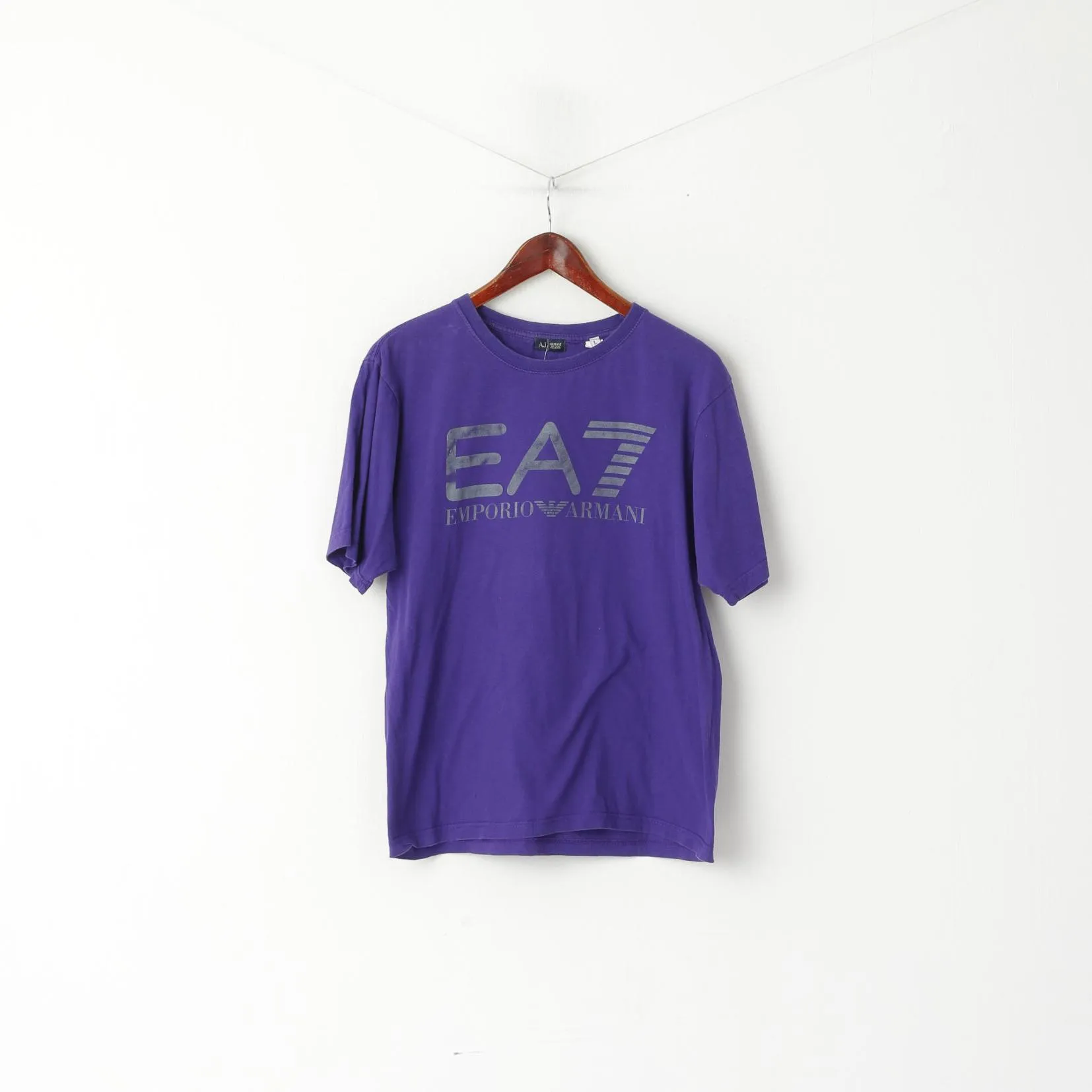 Armani Jeans Men L (M) Shirt Purple Cotton Graphic Slim Fit Crew Neck Top