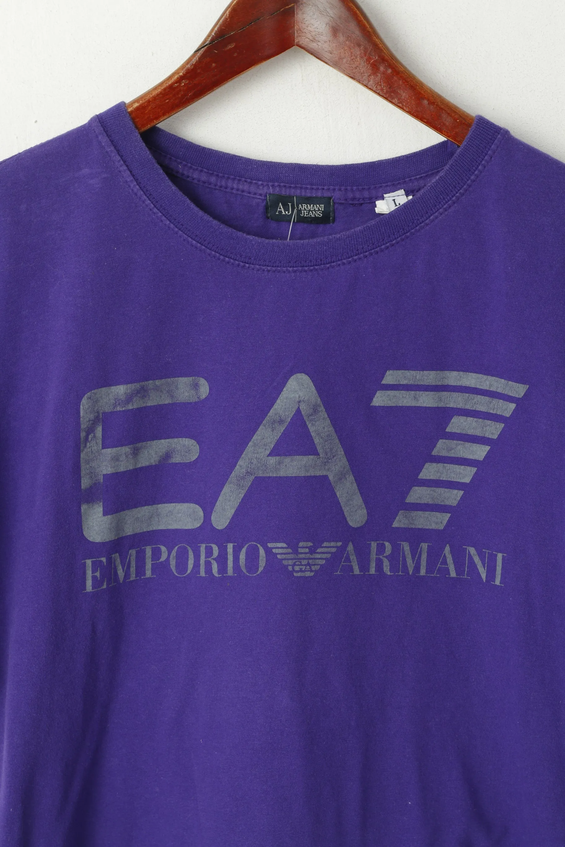 Armani Jeans Men L (M) Shirt Purple Cotton Graphic Slim Fit Crew Neck Top