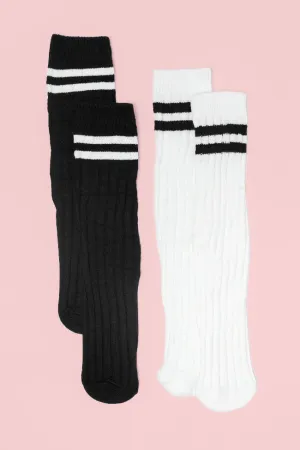Black and White Tall Striped Varsity Socks Set