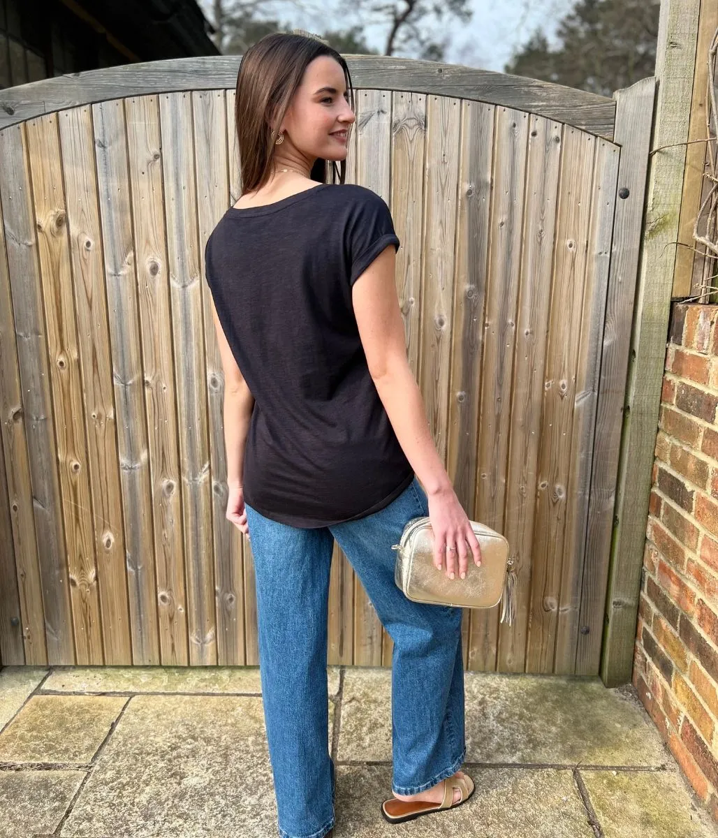 Black Cap Sleeve Cotton T Shirt