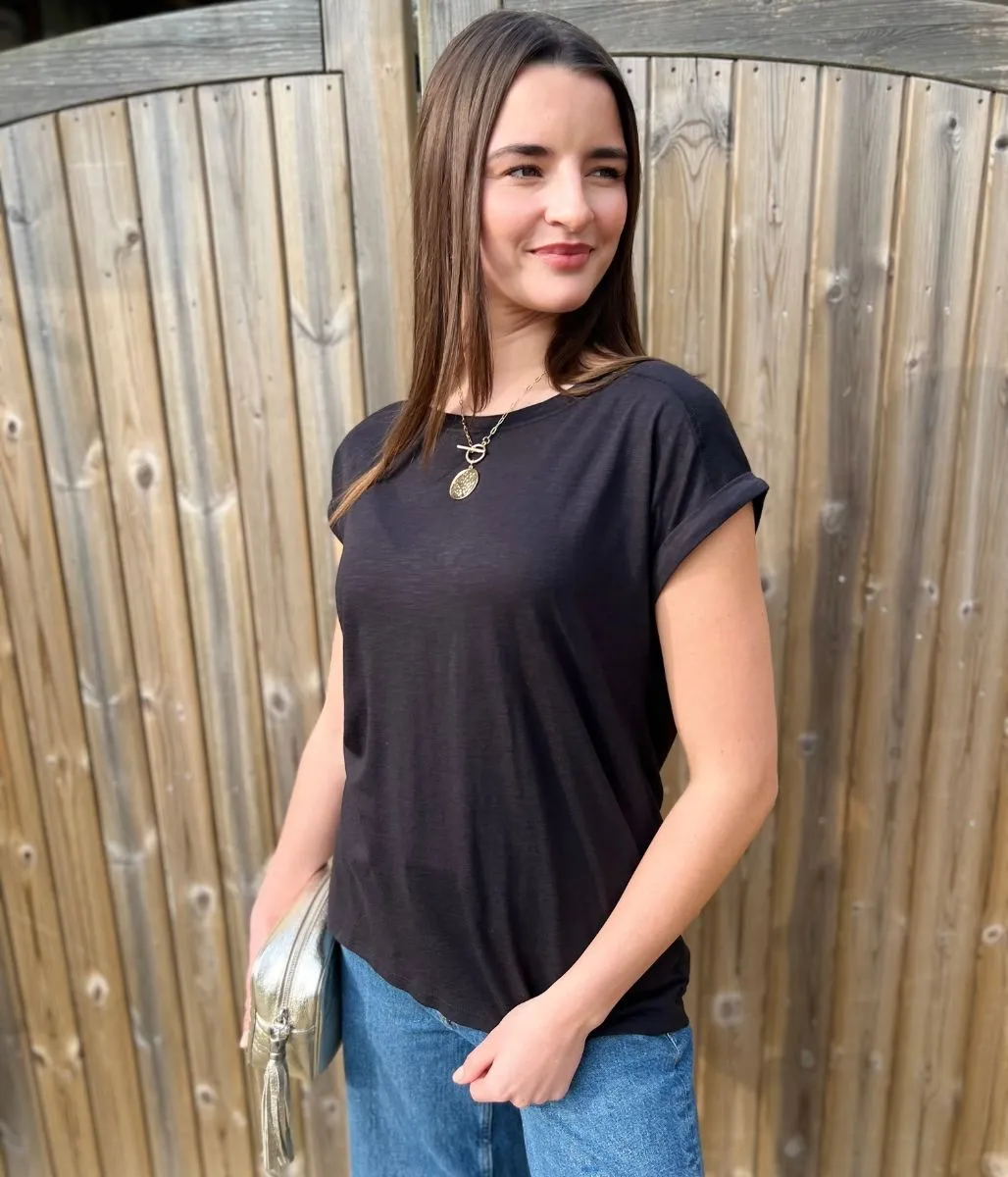 Black Cap Sleeve Cotton T Shirt