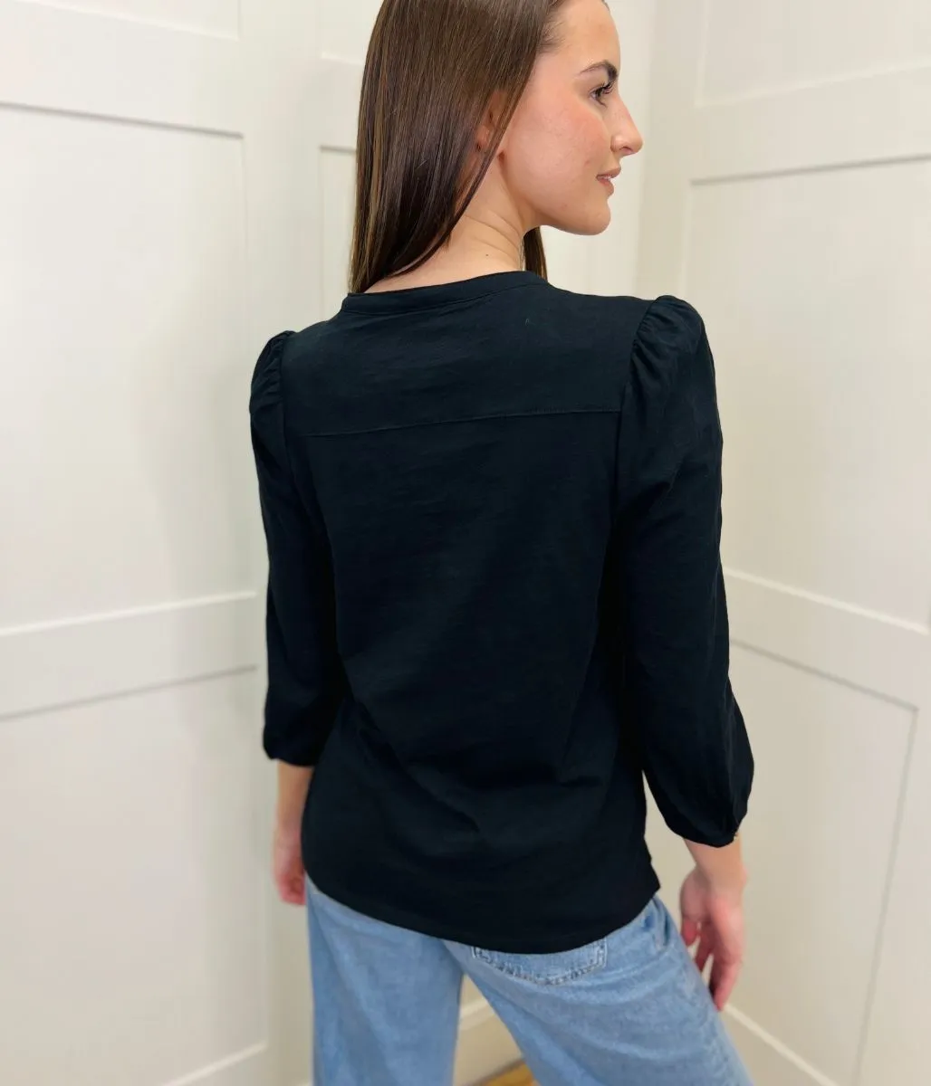 Black Long Sleeve Buttoned detail Henley Top