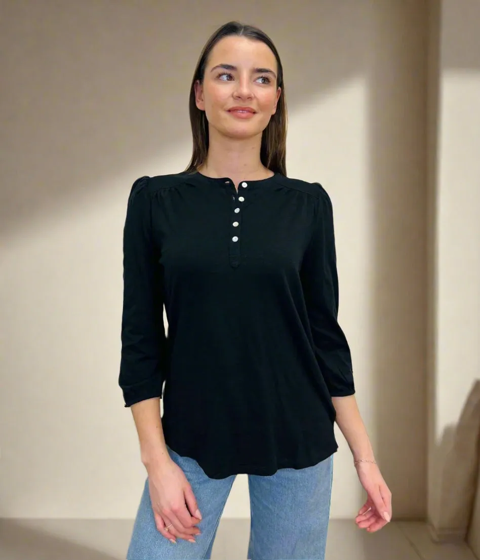 Black Long Sleeve Buttoned detail Henley Top