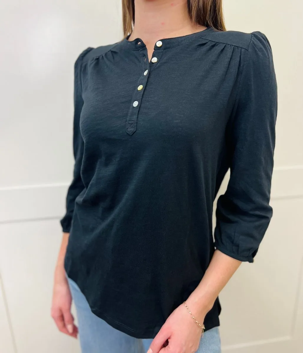 Black Long Sleeve Buttoned detail Henley Top