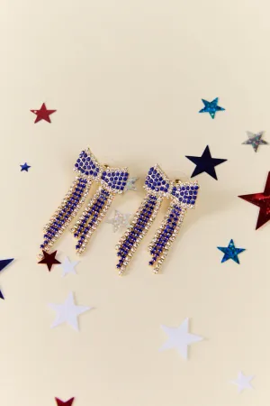 Blue Crystal Fringe Bow Earrings