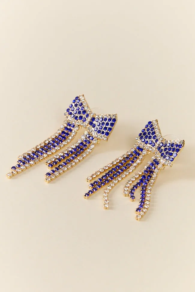 Blue Crystal Fringe Bow Earrings