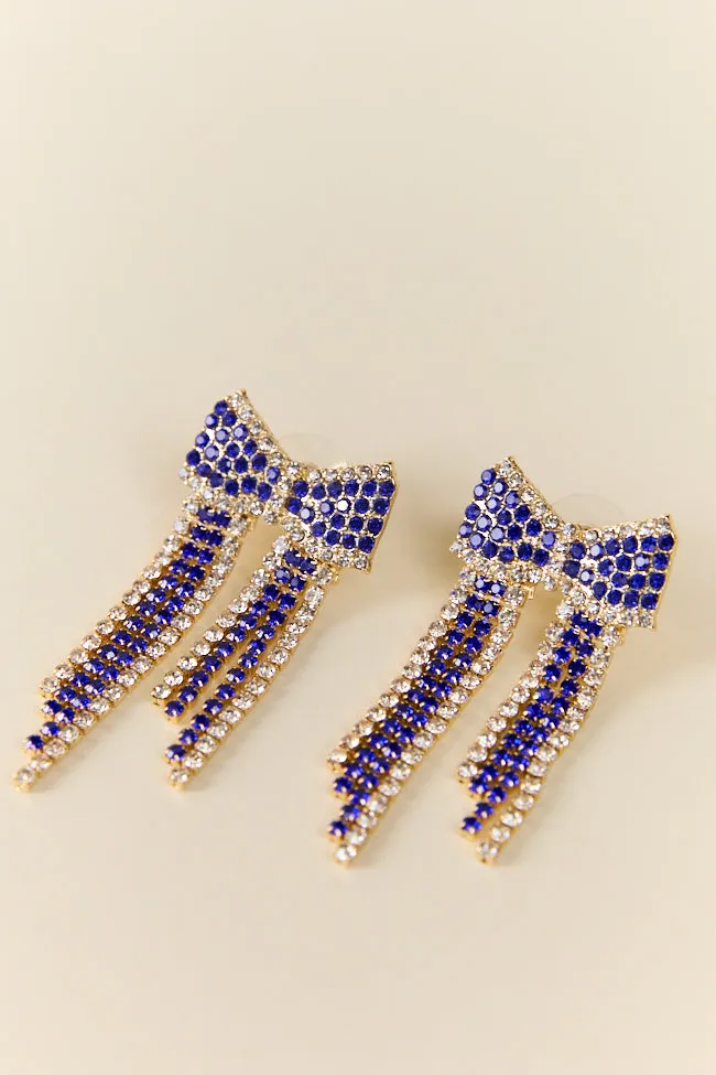 Blue Crystal Fringe Bow Earrings