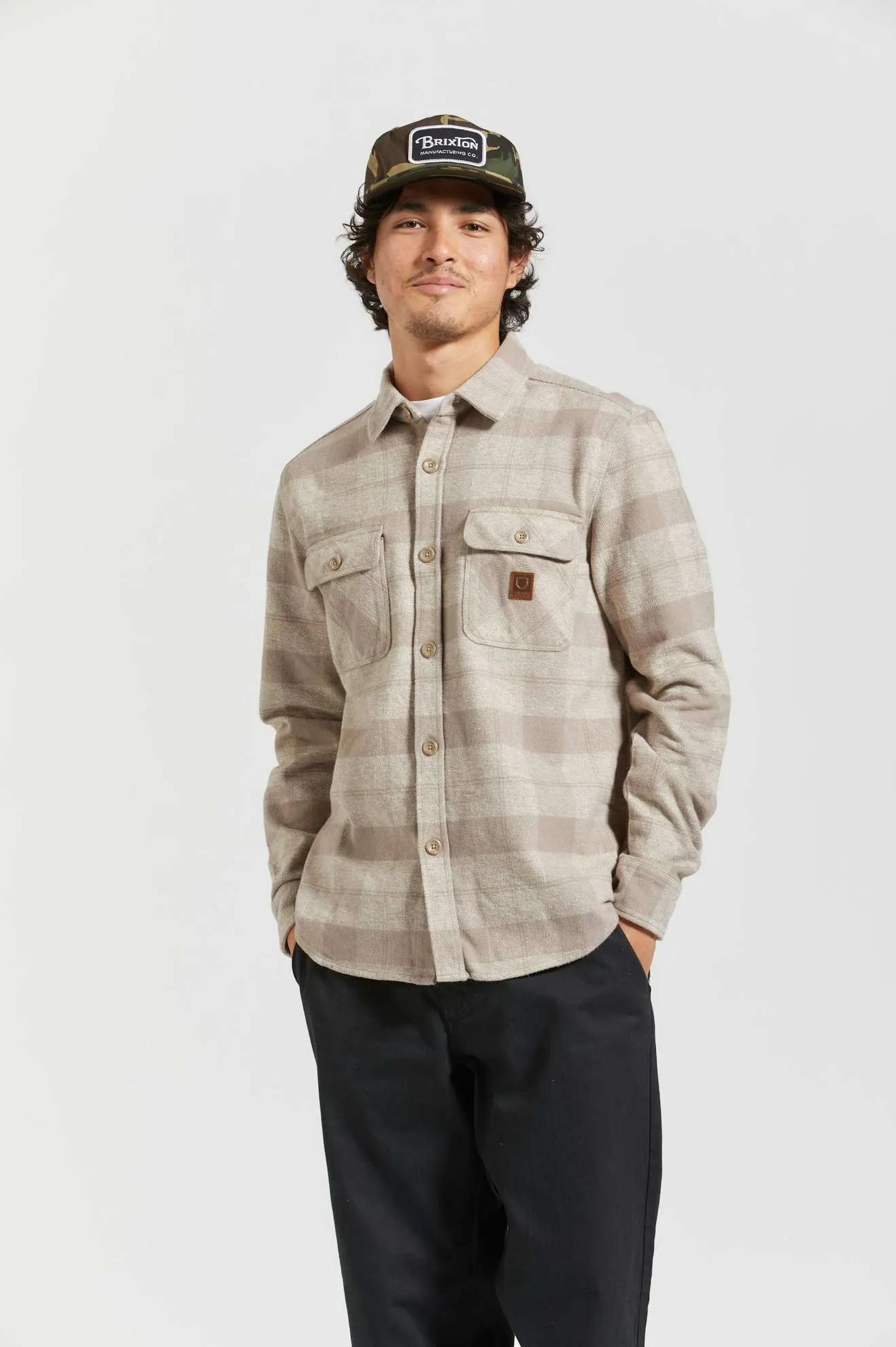 Bowery Heavyweight L/S Flannel - Off White/Cinder Grey Brixton