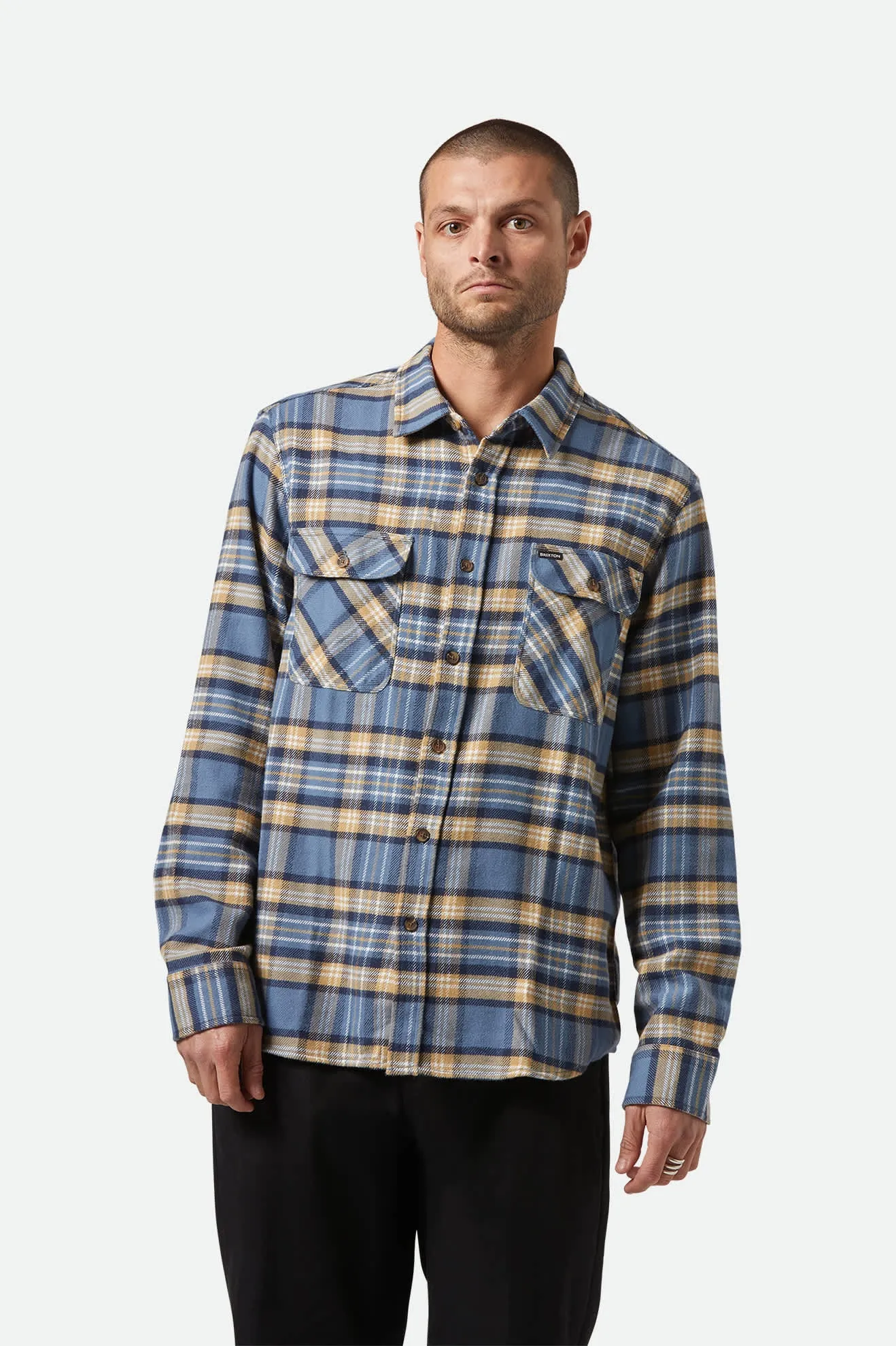 Bowery L/S Flannel - Azure Blue/Washed Navy/Sand Brixton