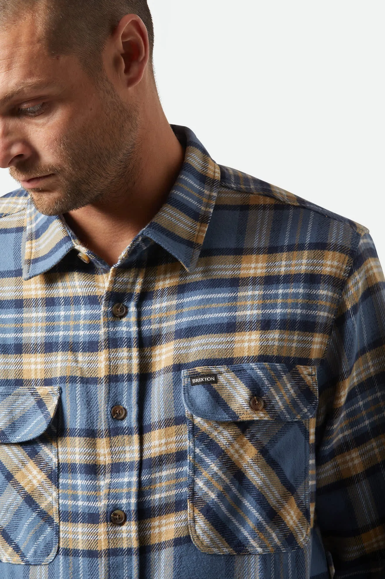Bowery L/S Flannel - Azure Blue/Washed Navy/Sand Brixton