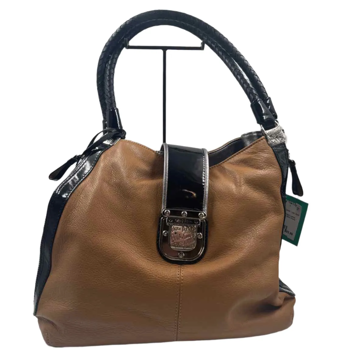BRIGHTON Camel & Black Patent Leather FASHIONISTA CITY BLOCK DOVIMA Hobo Bag Purse
