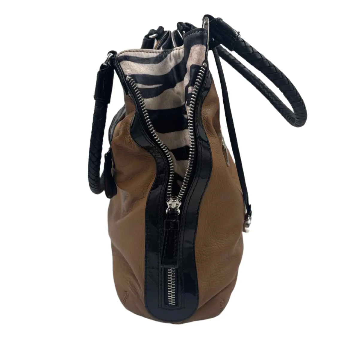 BRIGHTON Camel & Black Patent Leather FASHIONISTA CITY BLOCK DOVIMA Hobo Bag Purse