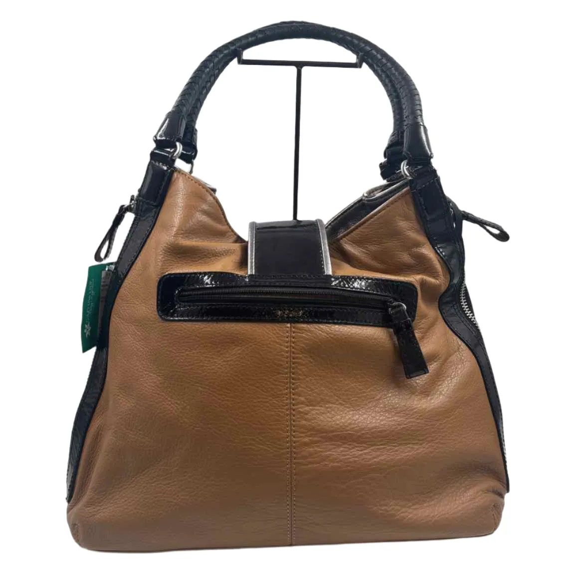 BRIGHTON Camel & Black Patent Leather FASHIONISTA CITY BLOCK DOVIMA Hobo Bag Purse