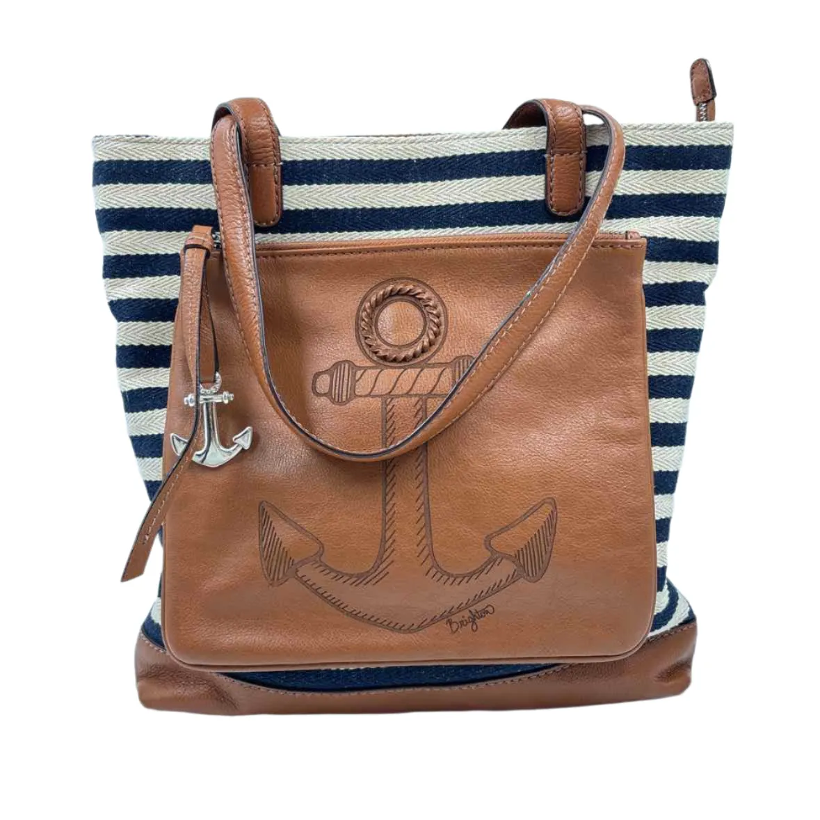 BRIGHTON Navy Blue & Natural Canvas & Leather ANCHOR HARBOR TOTE Bag Purse