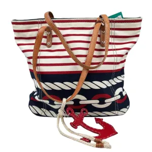BRIGHTON Red White & Blue Striped Nautical-Themed Tote Bag Purse w/Leather Handles & Trim