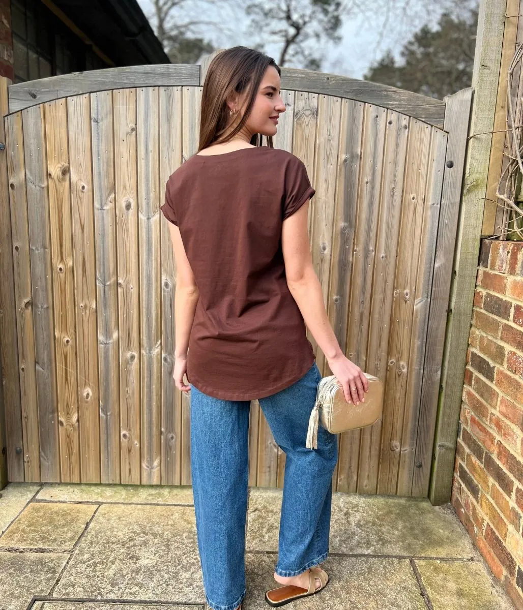 Brown Cap Sleeve Cotton T Shirt