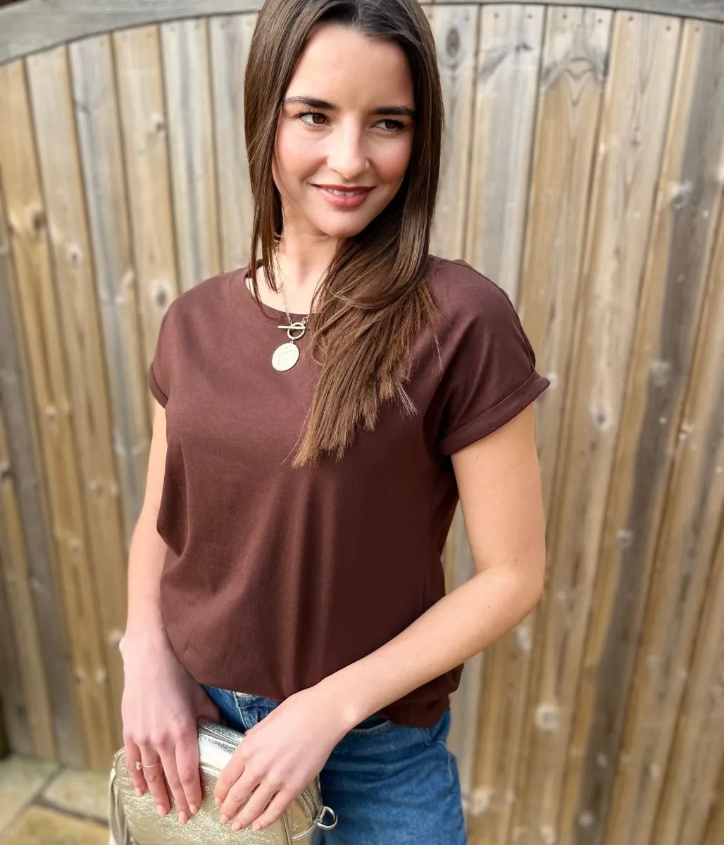 Brown Cap Sleeve Cotton T Shirt