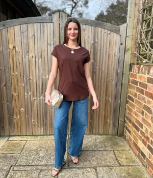 Brown Cap Sleeve Cotton T Shirt