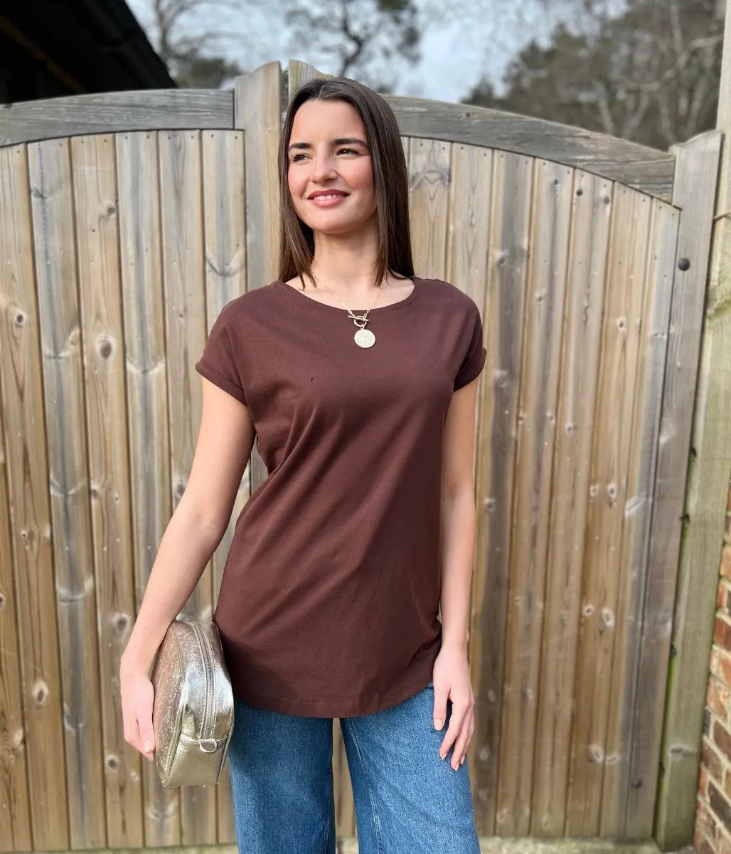 Brown Cap Sleeve Cotton T Shirt