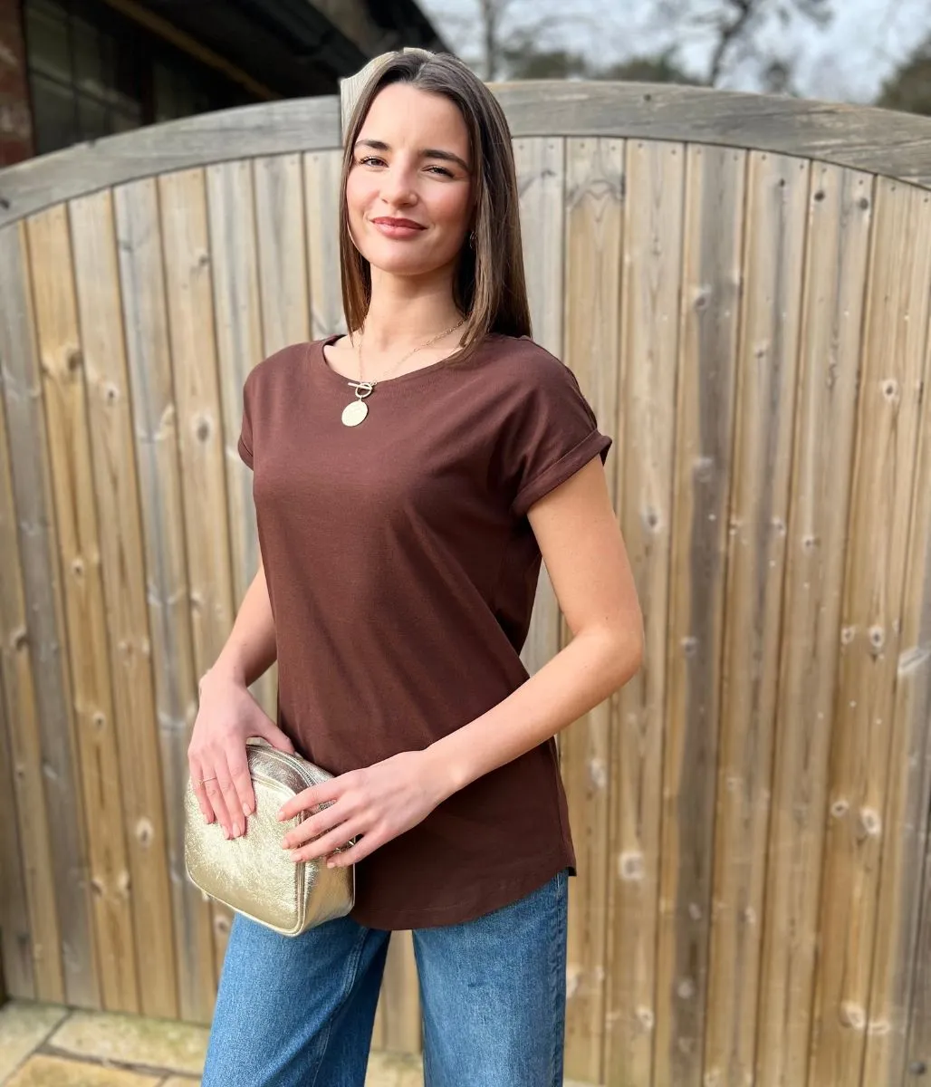 Brown Cap Sleeve Cotton T Shirt