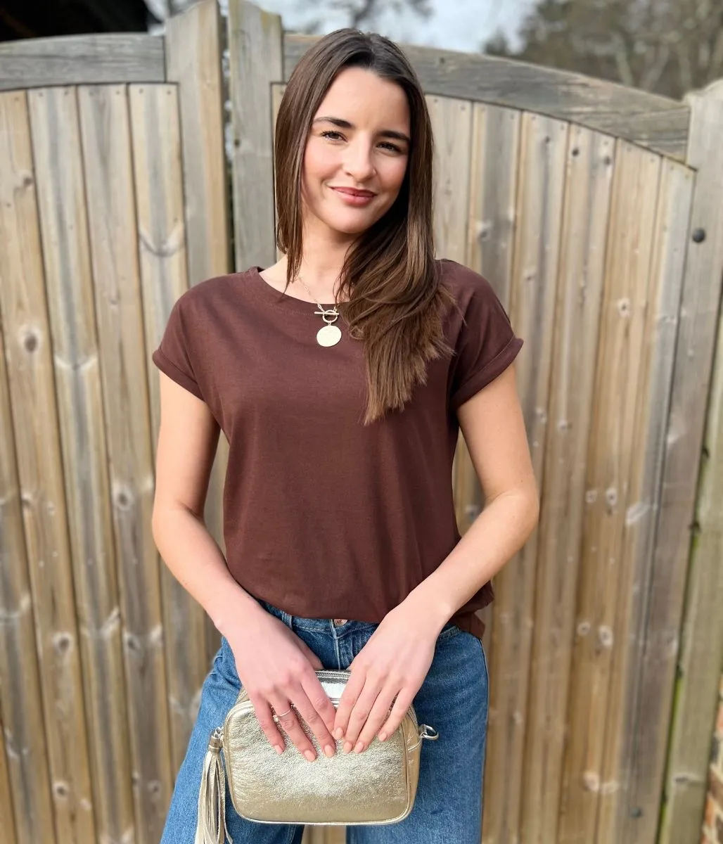 Brown Cap Sleeve Cotton T Shirt