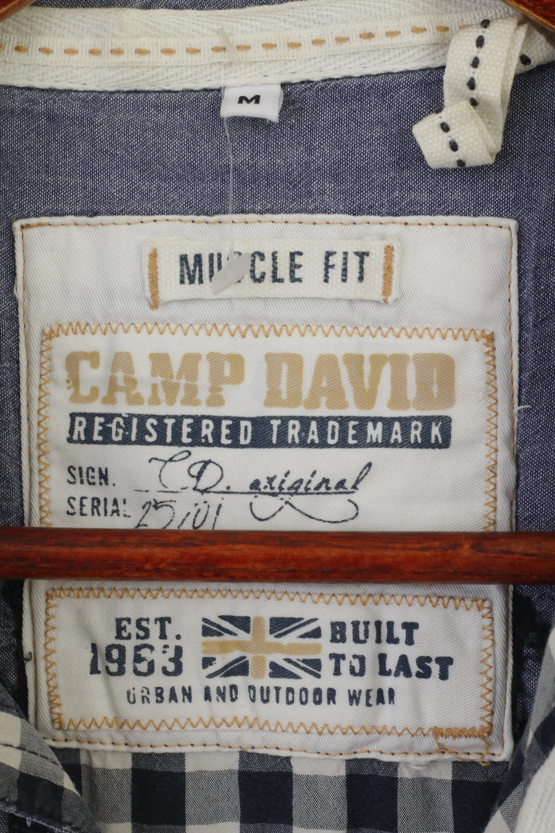 Camp David Men M Casual Shirt Navy Cotton Check Long Sleeve Muscle Fit Top