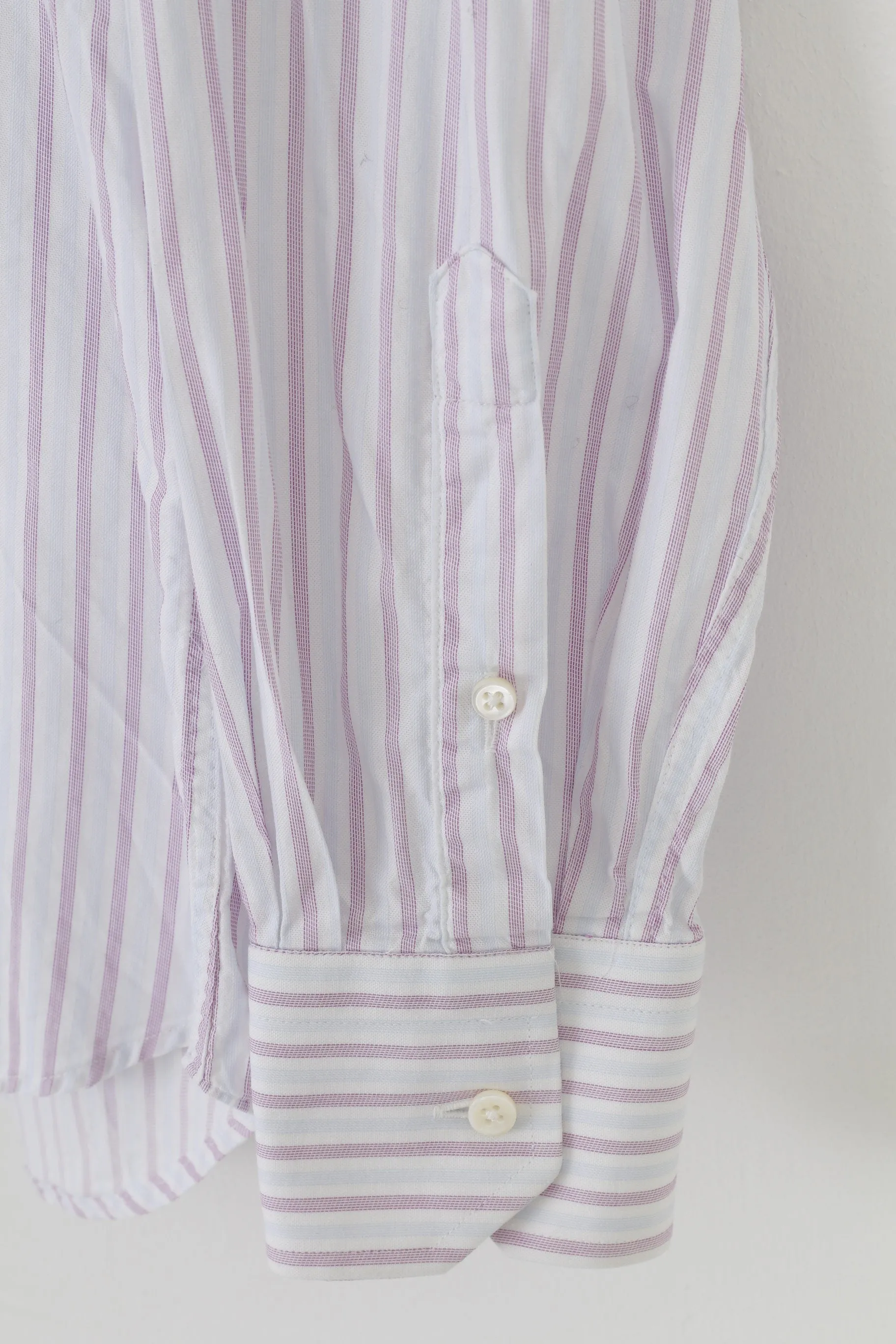 Canali Men 39 15 1/2  Casual Shirt Striped Pink Blue Collar Elegant Long Sleeve Cotton Top