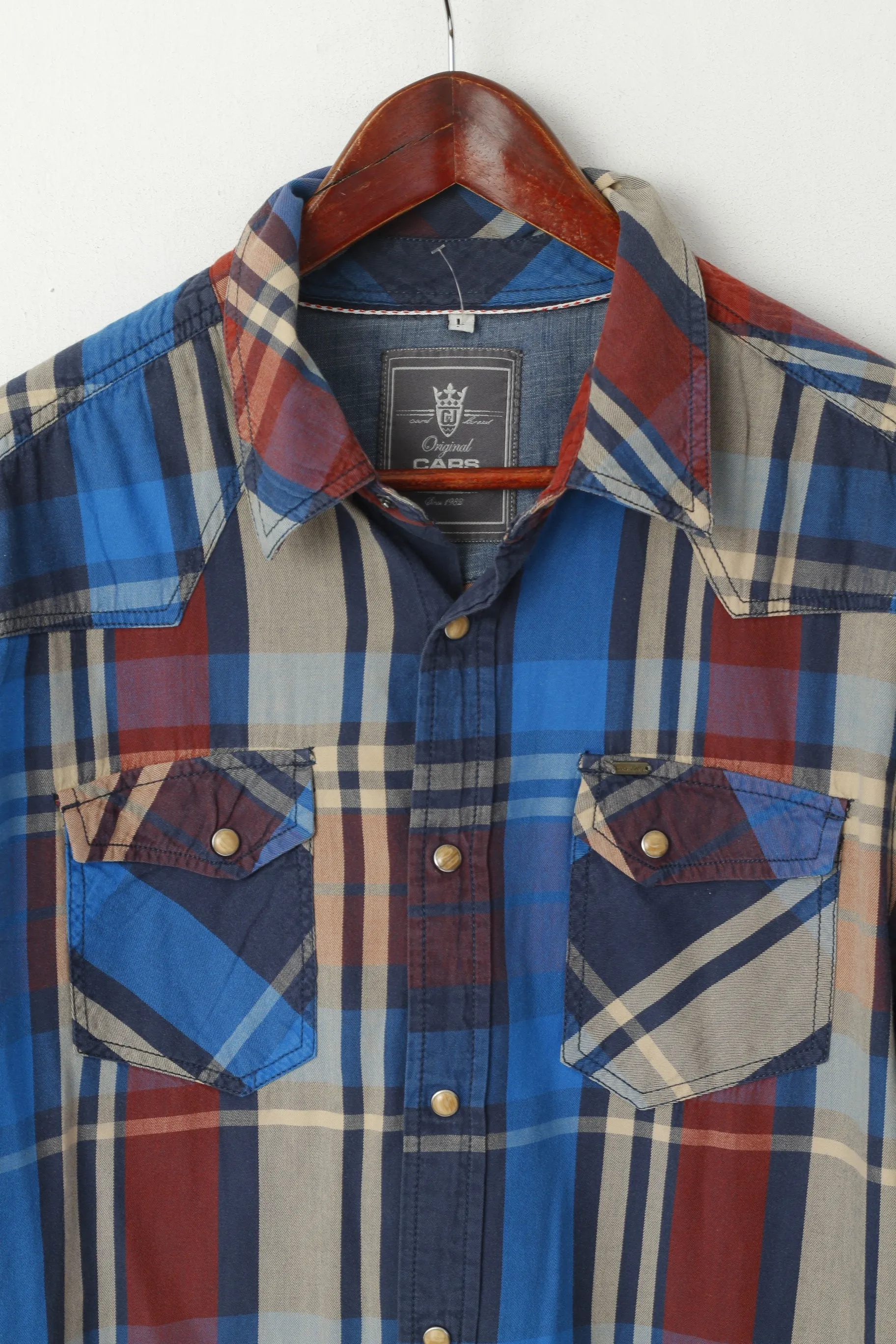 Cars Jeans Men L Casual Shirt Multi Colour Check Cotton Snap Pocket Long Sleeve Top