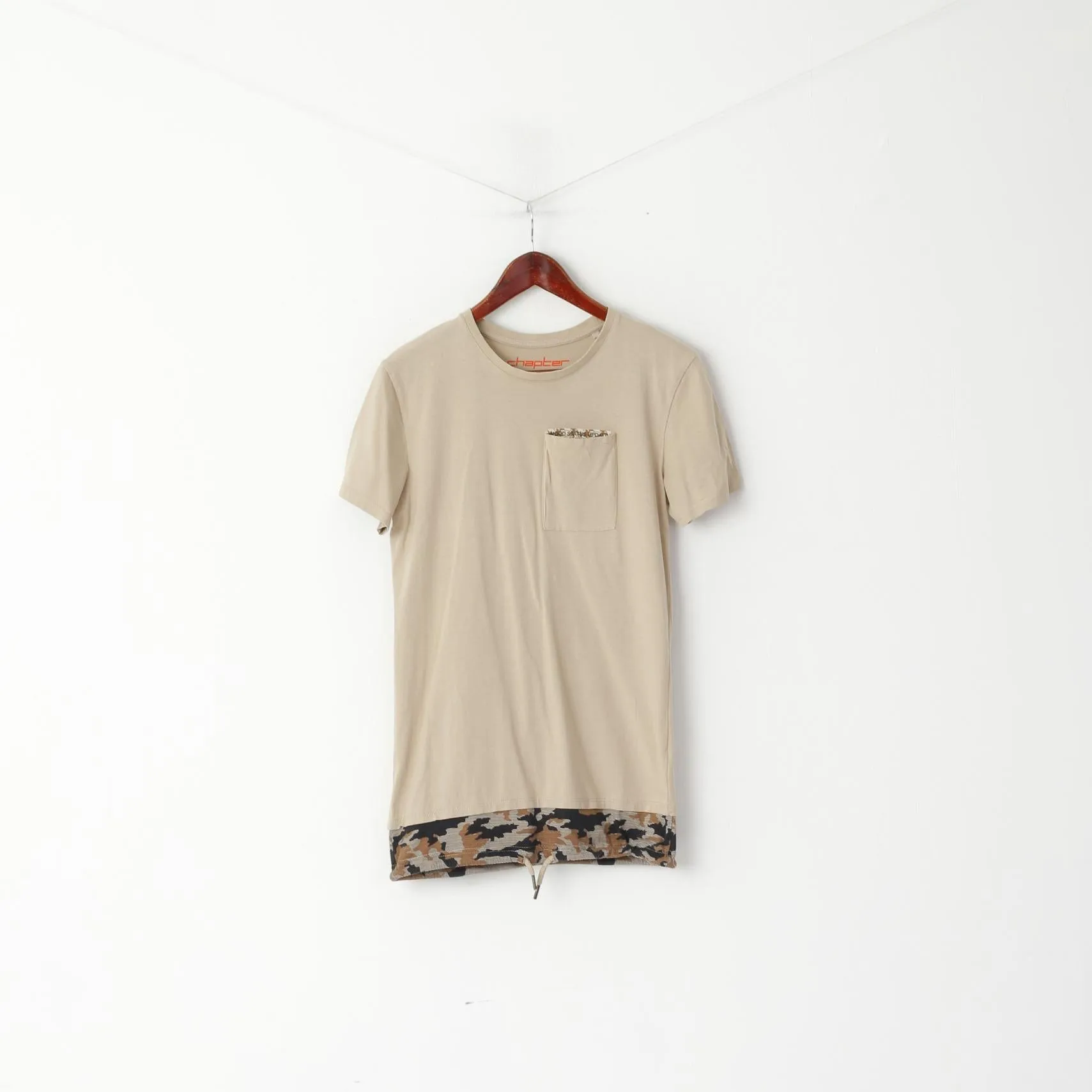 Chapter Men S T-Shirt Beige Cotton Mood Status Update Drawstring Crew Neck Top