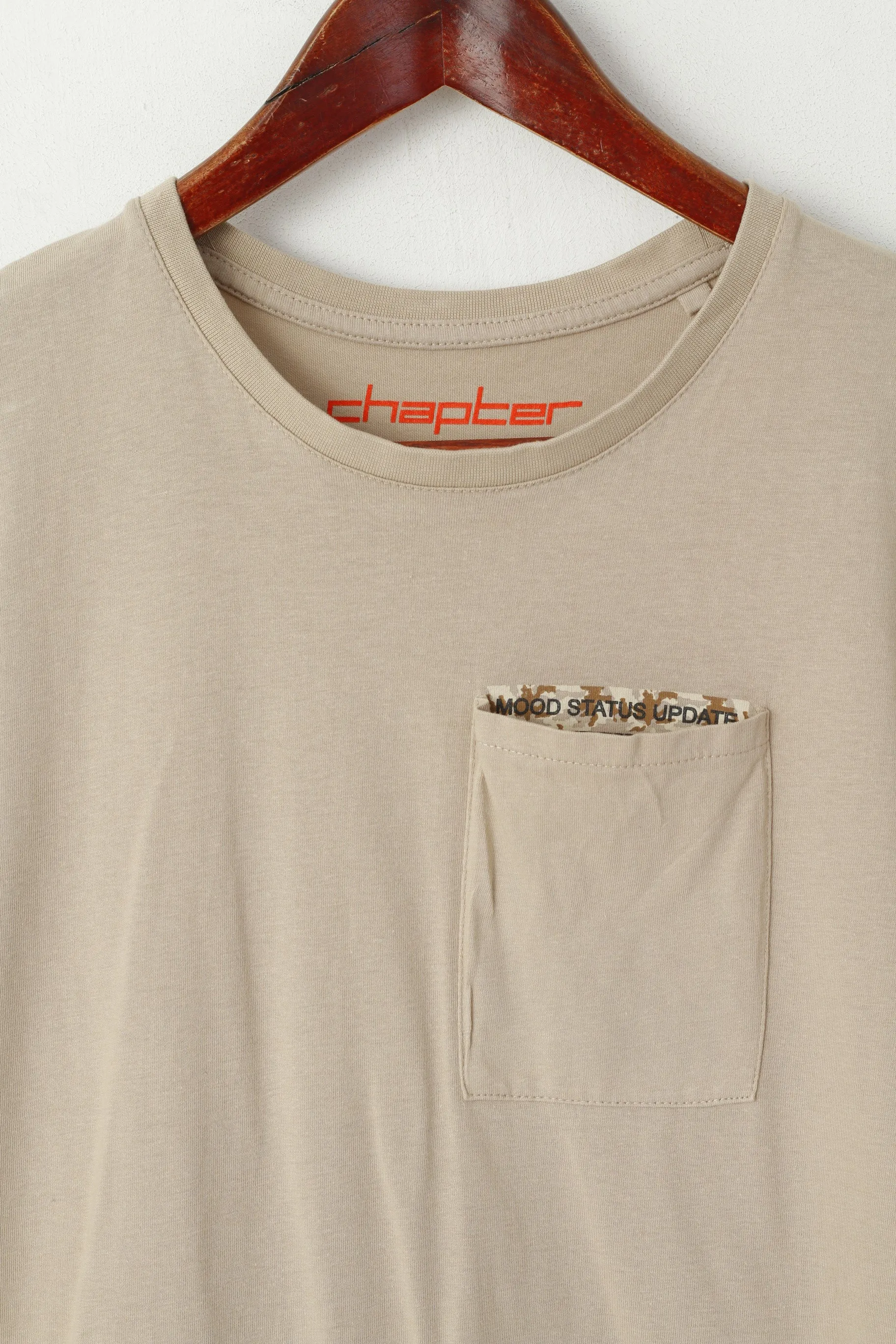 Chapter Men S T-Shirt Beige Cotton Mood Status Update Drawstring Crew Neck Top