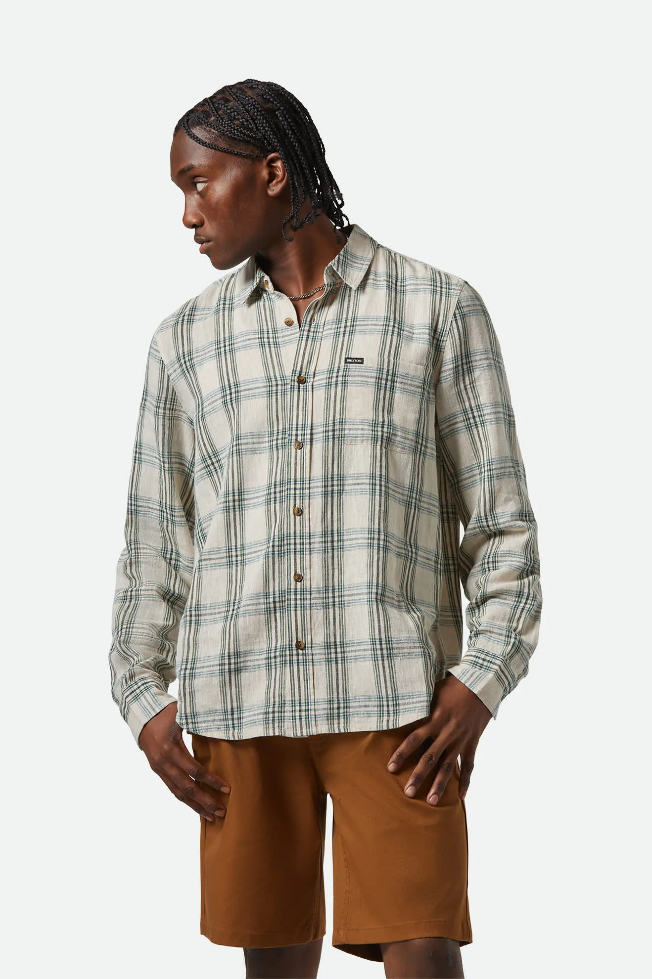 Charter Linen Blend L/S Shirt - Off White/Ivy Green Plaid Brixton