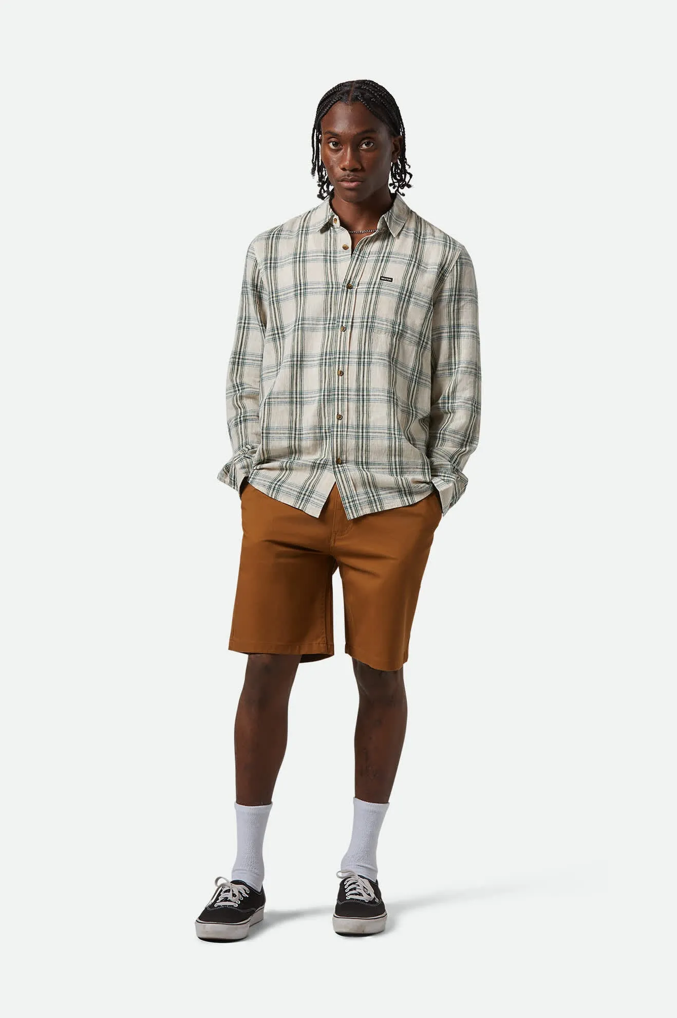 Charter Linen Blend L/S Shirt - Off White/Ivy Green Plaid Brixton