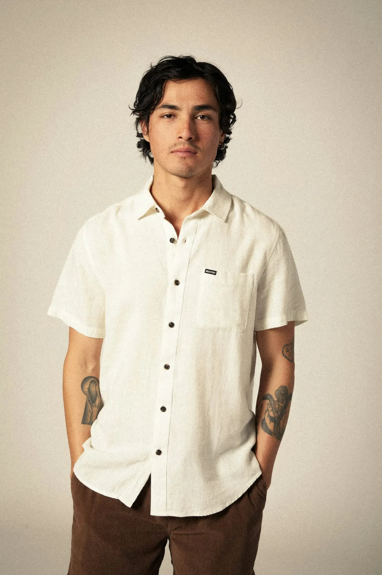 Charter Organic Cotton Linen Blend S/S Shirt - Egret White Brixton