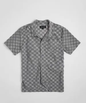 Checkerboard Towel Color Blocked Short Sleeve Button Down Shirt - Grey