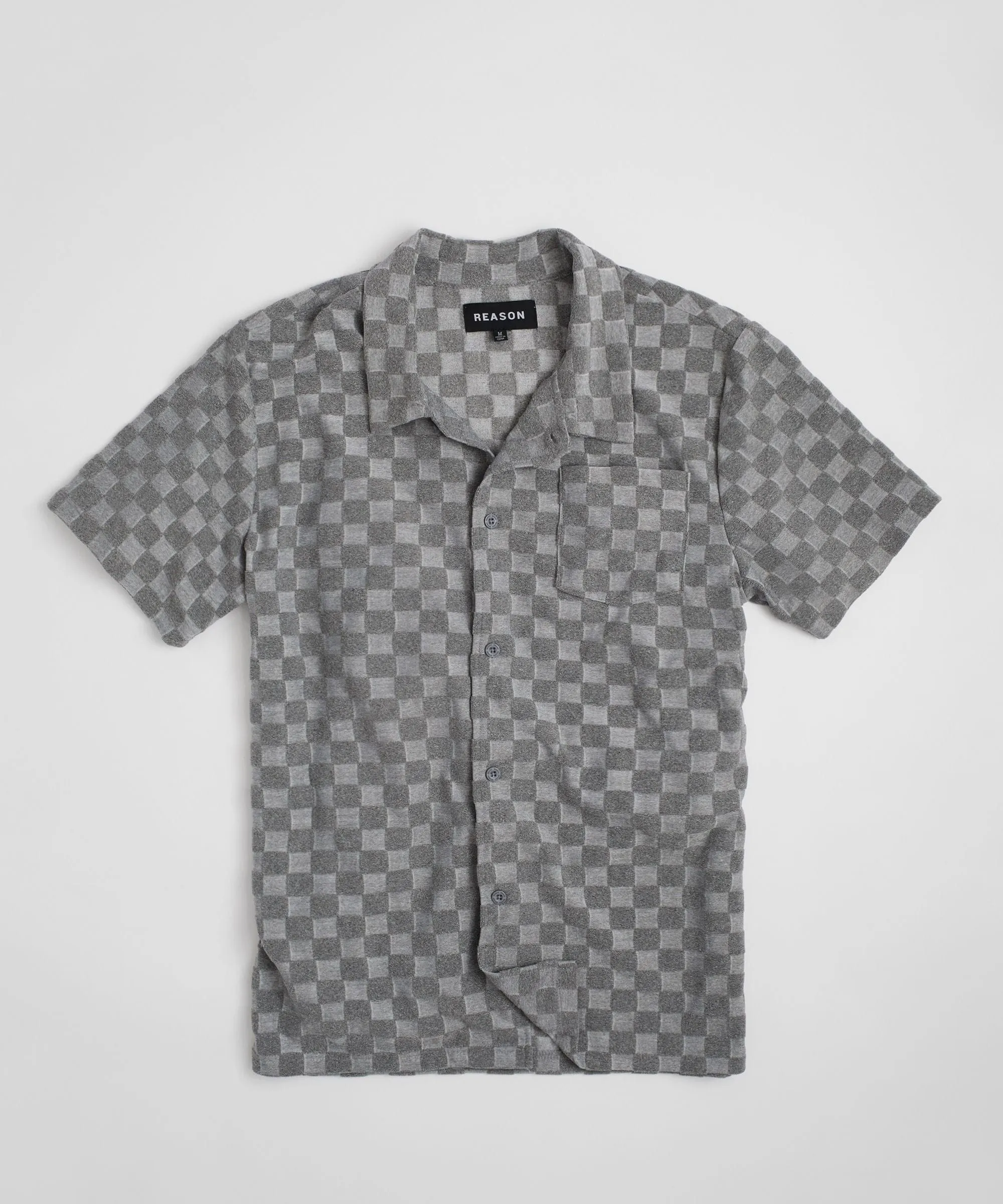 Checkerboard Towel Color Blocked Short Sleeve Button Down Shirt - Grey