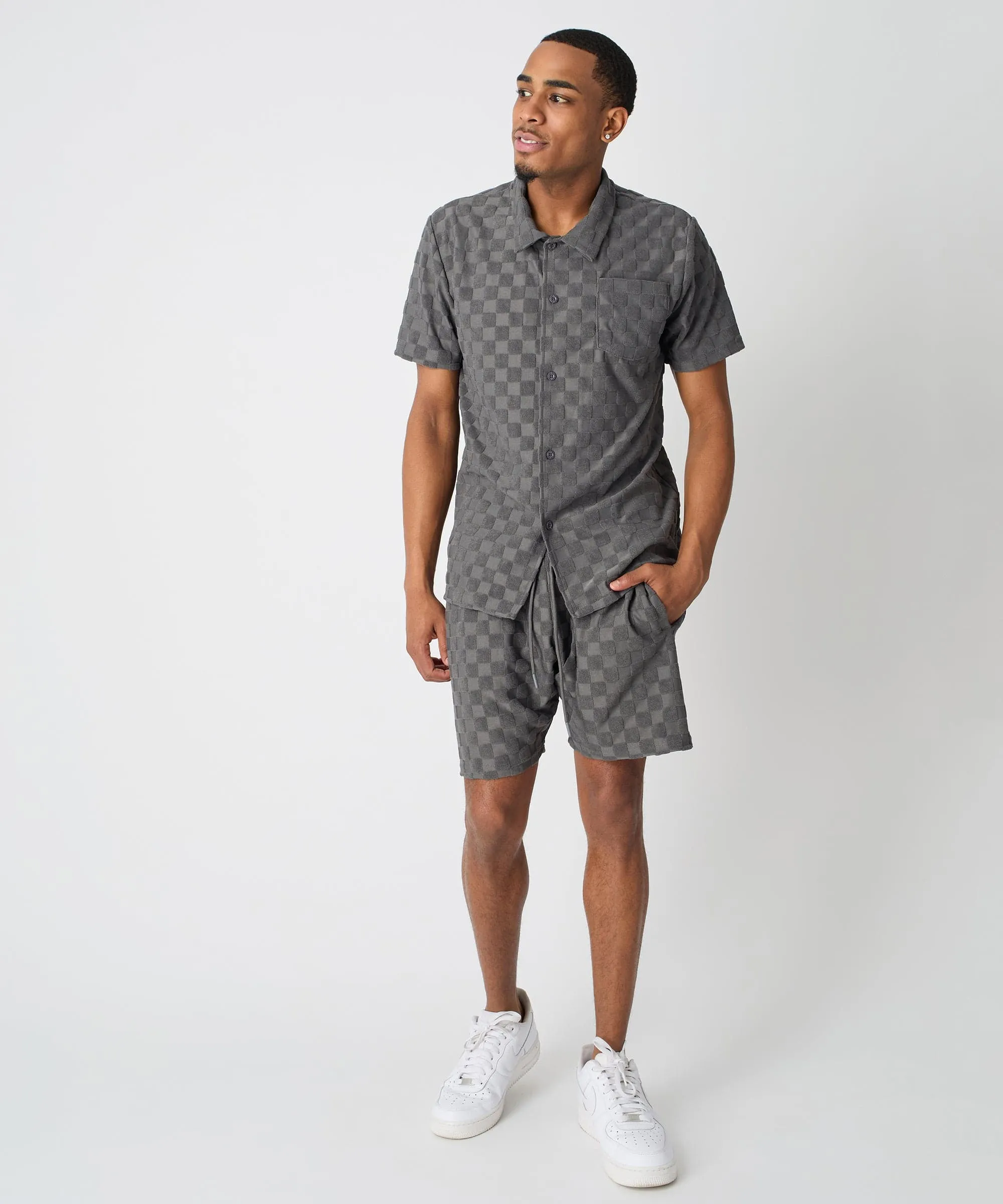 Checkerboard Towel Color Blocked Short Sleeve Button Down Shirt - Grey