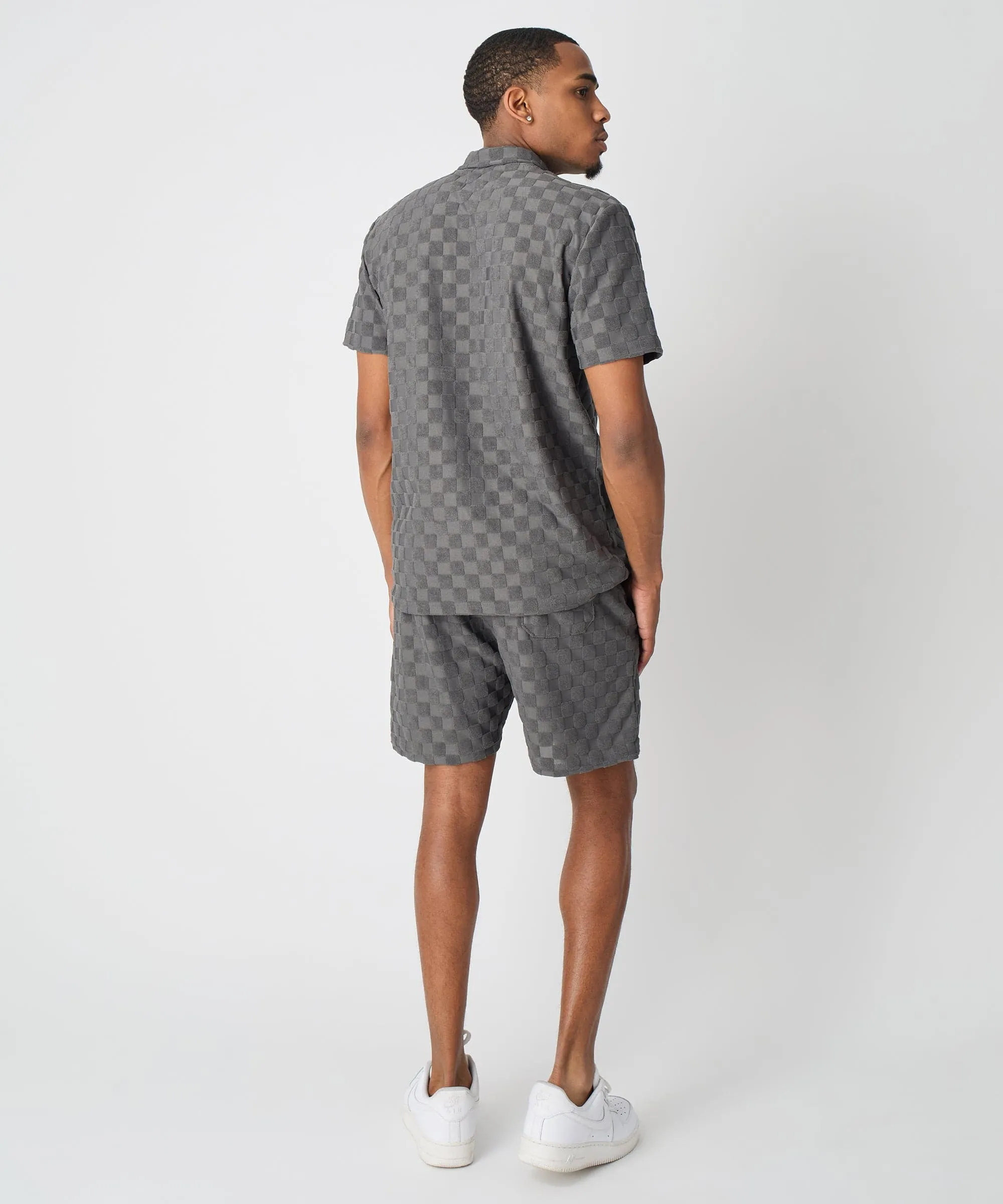 Checkerboard Towel Color Blocked Short Sleeve Button Down Shirt - Grey