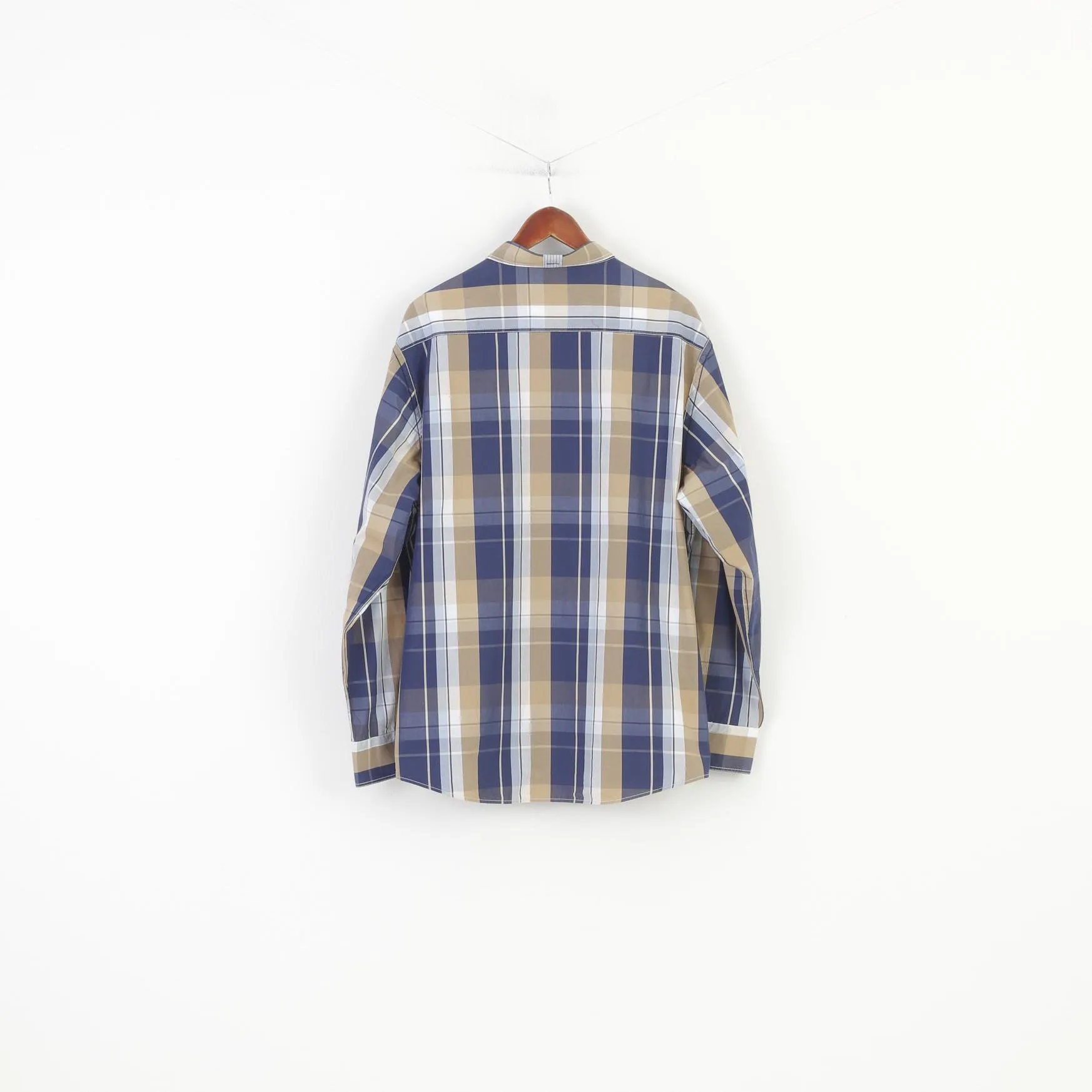 Claudio Campione Men XXL Casual Shirt Checkered Blue Brown Long Sleeve Classic Fit Cotton Top