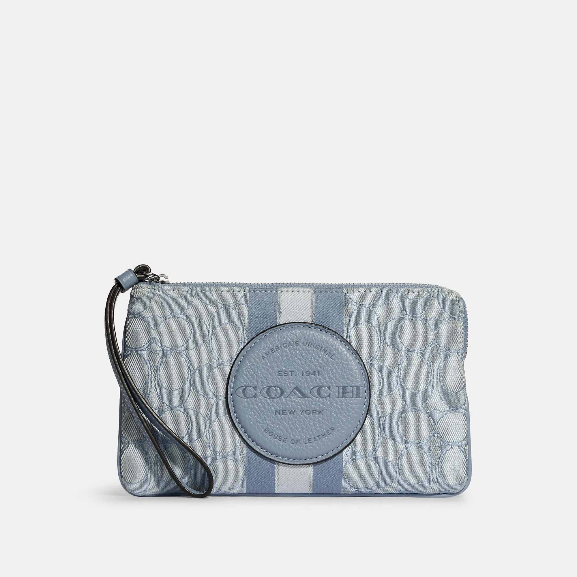 Coach Outlet Dempsey Large Corner Zip Wristlet In Signature Jacquard With Stripe And Coach Patch