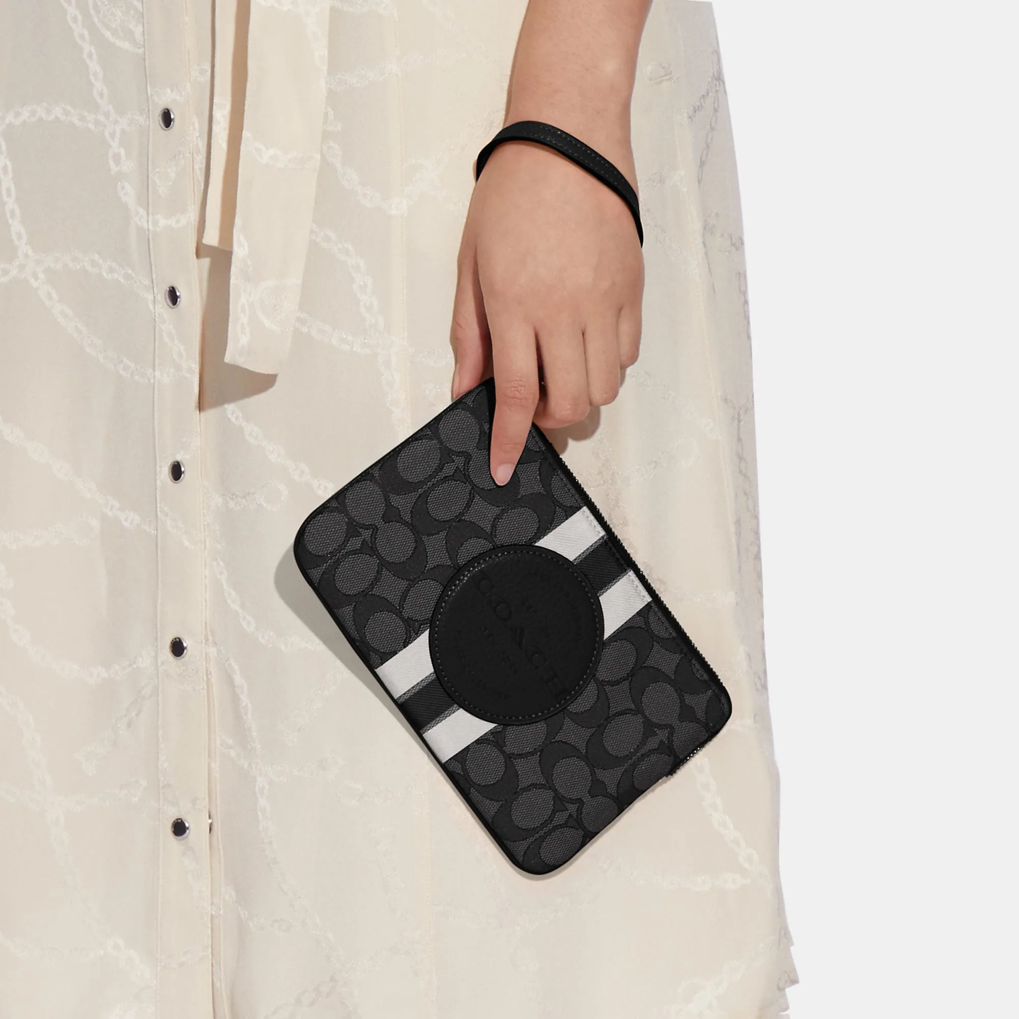Coach Outlet Dempsey Large Corner Zip Wristlet In Signature Jacquard With Stripe And Coach Patch