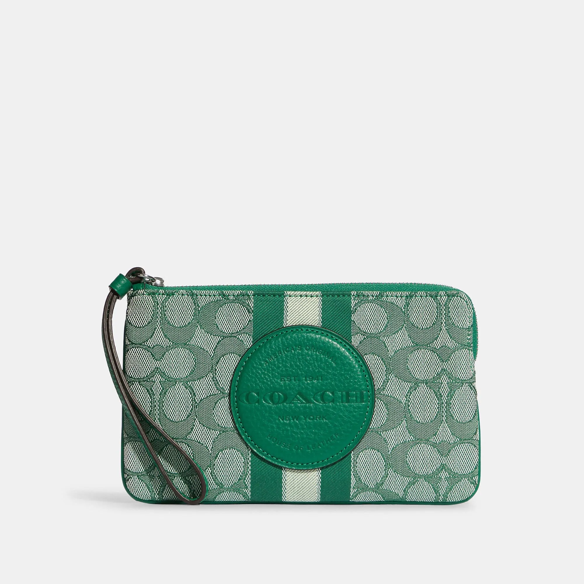 Coach Outlet Dempsey Large Corner Zip Wristlet In Signature Jacquard With Stripe And Coach Patch