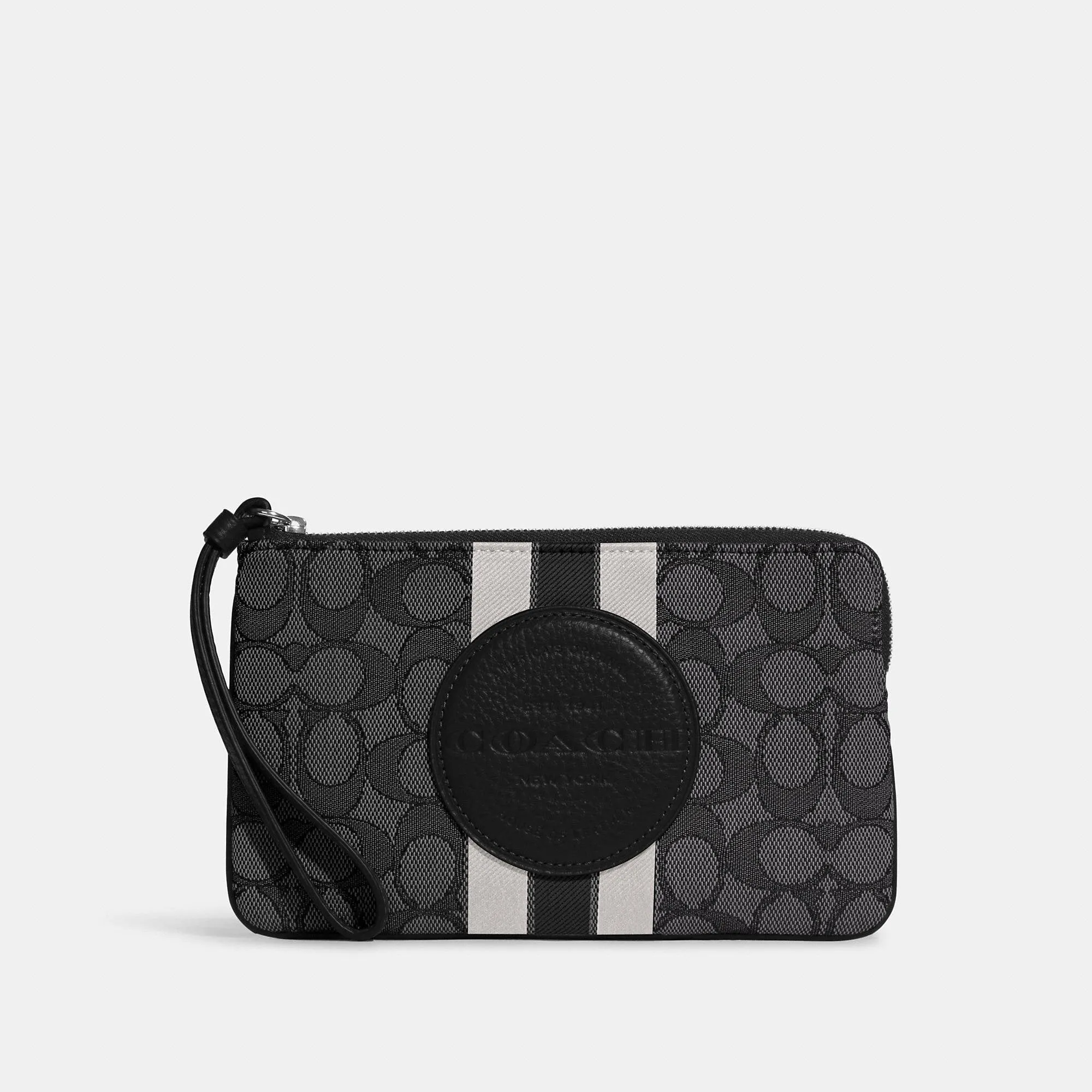 Coach Outlet Dempsey Large Corner Zip Wristlet In Signature Jacquard With Stripe And Coach Patch