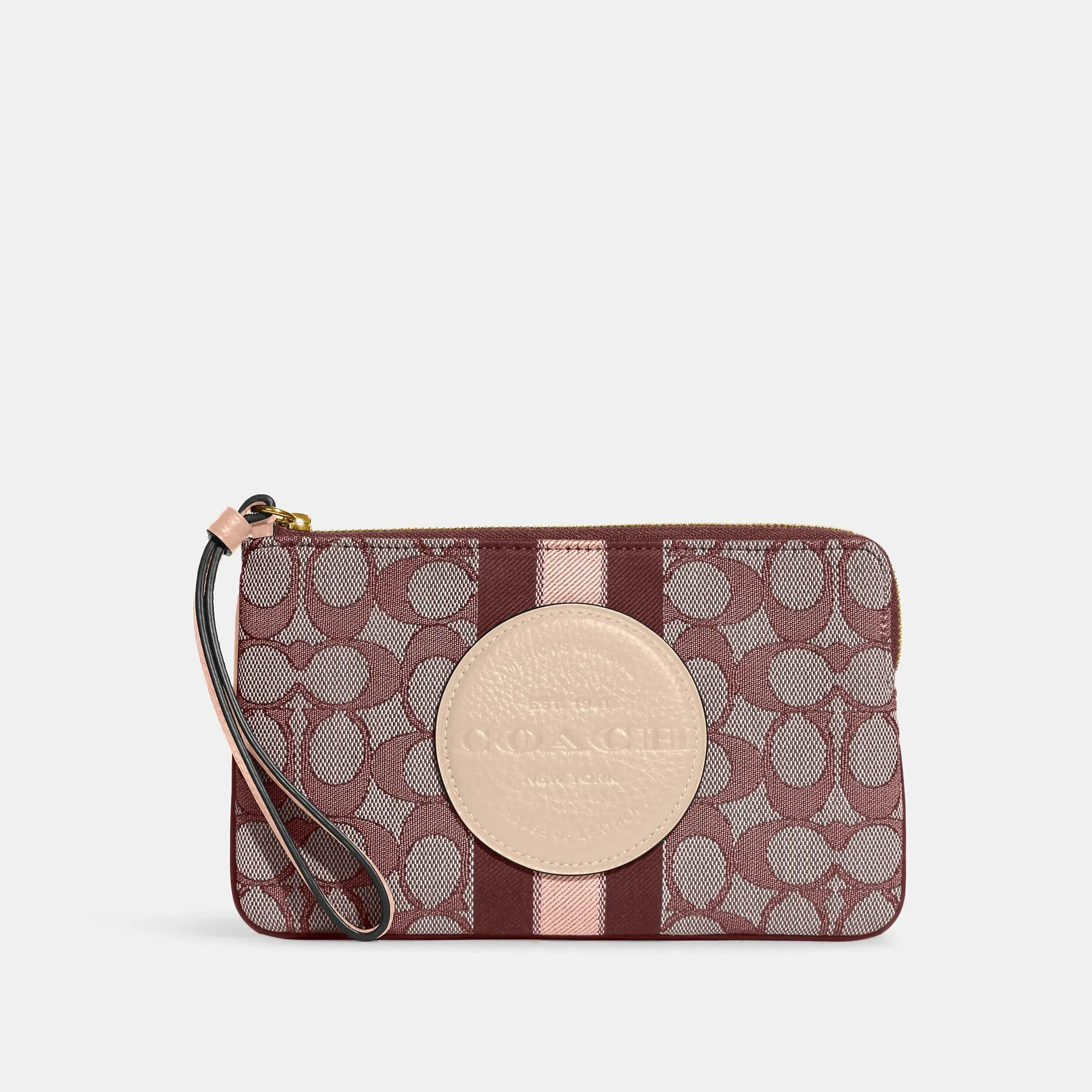 Coach Outlet Dempsey Large Corner Zip Wristlet In Signature Jacquard With Stripe And Coach Patch