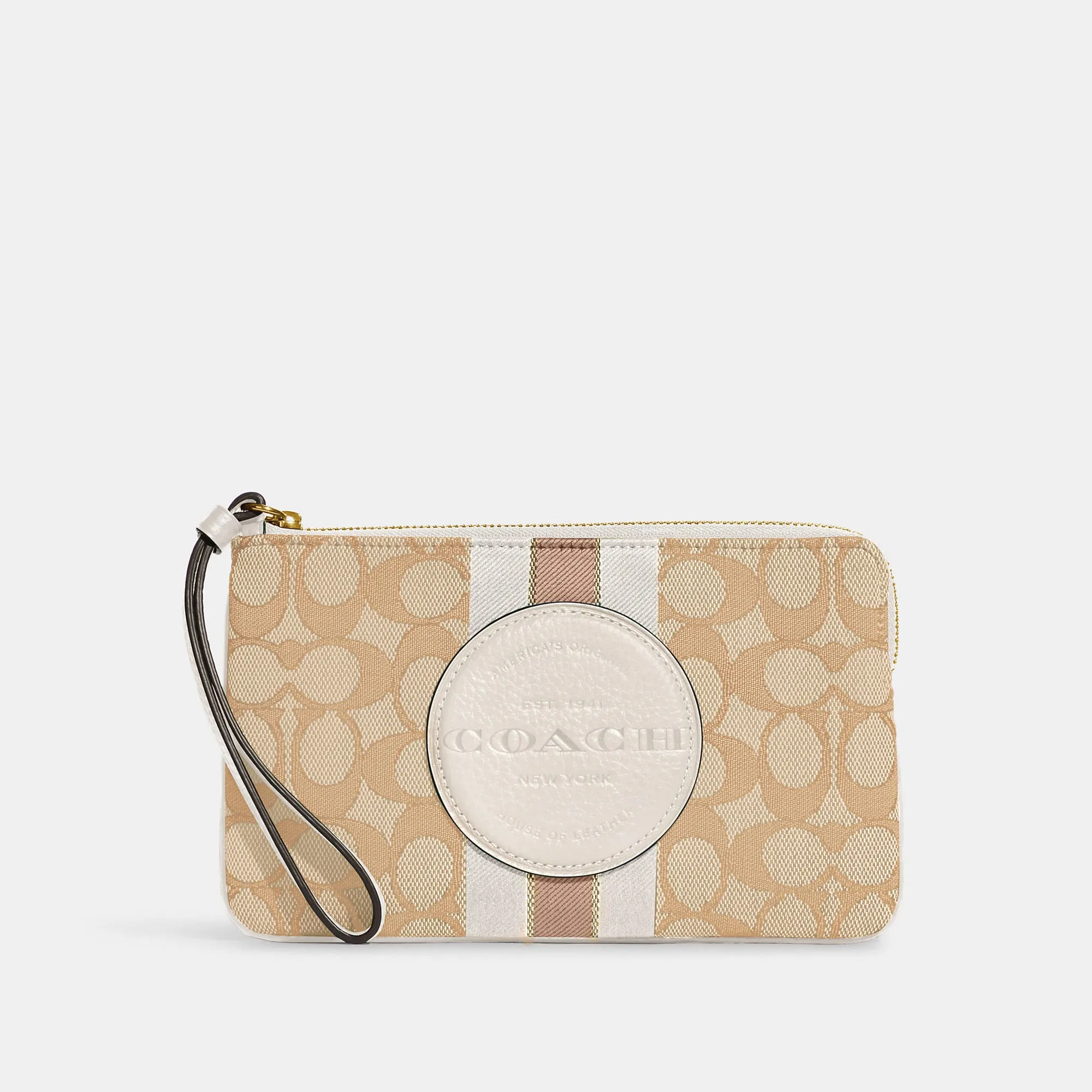Coach Outlet Dempsey Large Corner Zip Wristlet In Signature Jacquard With Stripe And Coach Patch